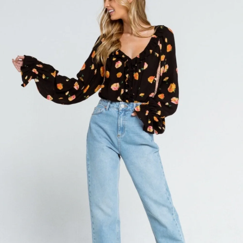 Free People Poppy Printed Black Combo Bodysuit